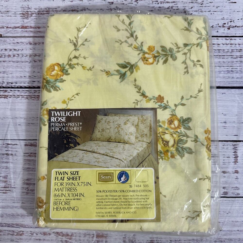 Sears Twilight Rose Floral Yellow Twin Size Flat Sheet New Vintage Retro